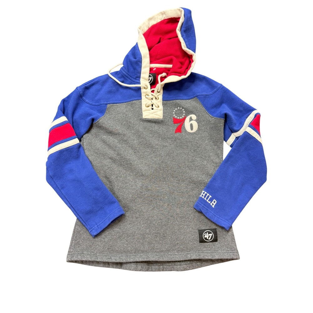 47 Brand Philadelphia 76ers Hoodie Small Gray Blue Excellent Lace Up Sweatshirt